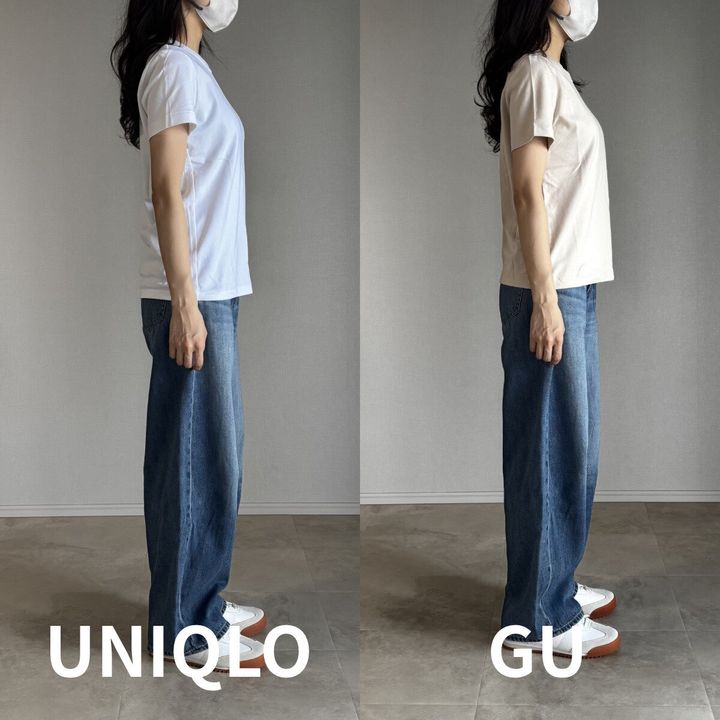 白いユニクロTとベージュのGU Tを着た女性の側面比較