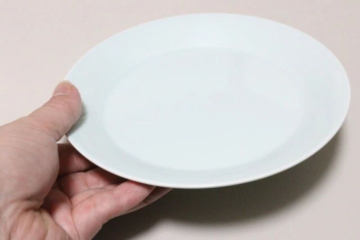 手のひらに乗せた、淡い青色のシンプルな丸いお皿