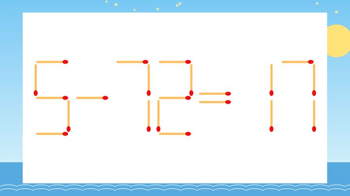【マッチ棒クイズ】1本だけ動かして正しい式に：5-72=17？の問題画像