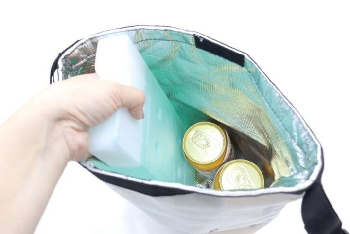 クーラーバッグに緑色の保冷剤と缶飲料を入れている