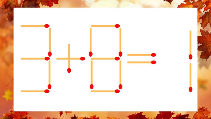 【マッチ棒クイズ】1本だけ動かして正しい式に：3＋8＝1？の問題画像