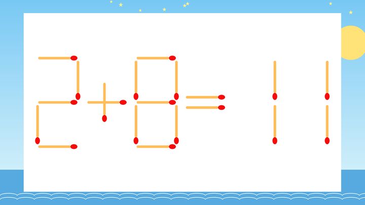【マッチ棒クイズ】1本だけ動かして正しい式に：2+8=11？の問題画像