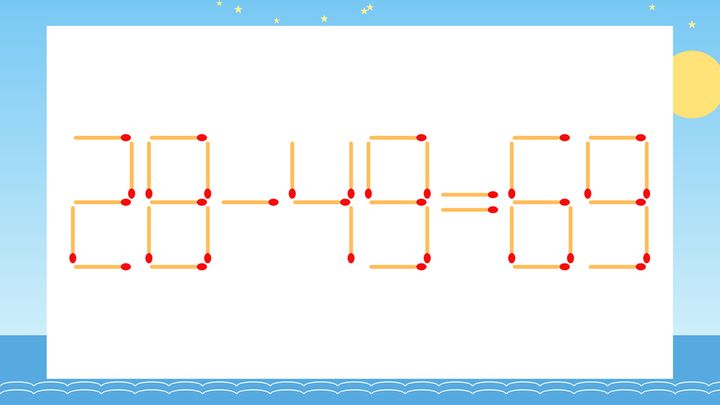 【マッチ棒クイズ】1本だけ動かして正しい式に：28-49=69？の問題画像