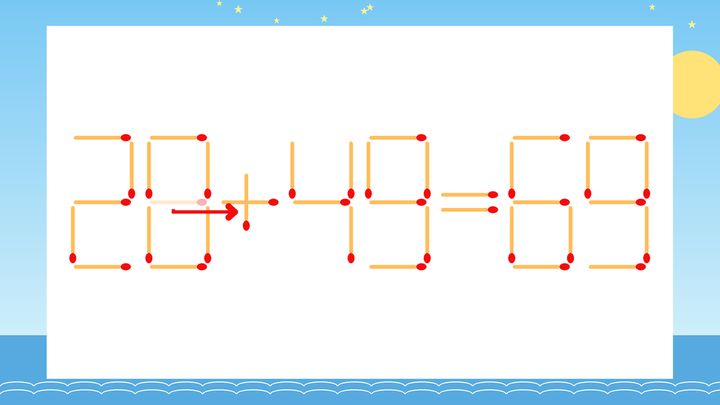 【マッチ棒クイズ】1本だけ動かして正しい式に：28-49=69？の解答画像