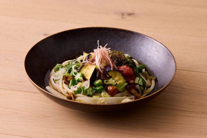 夏野菜をのせた薬味冷やしうどん