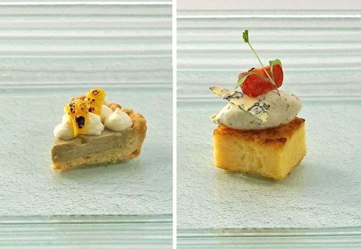 「焼きとうもろこしのプチタルト」、「ポレンタのケークサレ ブルーチーズと茄子のクリーム」