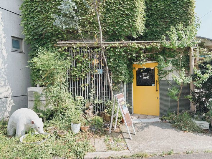 かわいい黄色の扉が目印のflamant（フラマン）さんの外観です。 夏は蔦がぐんぐん伸びて、お店がみどりいっぱいになります。 お店の前には川が流れていたり、大きな植物があったり、いつ来てもすてきな場所です。
