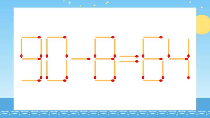 【マッチ棒クイズ】1本だけ動かして正しい式に：90-8=64？の問題画像