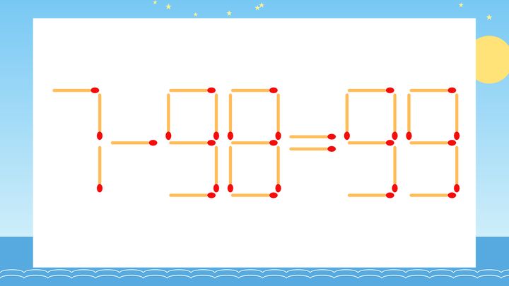 【マッチ棒クイズ】1本だけ動かして正しい式に：7-98=99？の問題画像