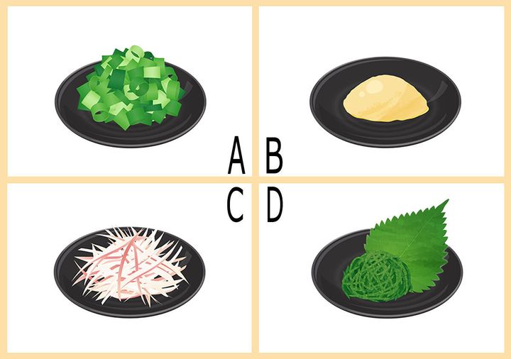 そうめんの薬味4種 A:ネギ B:しょうが C:みょうが D:大葉