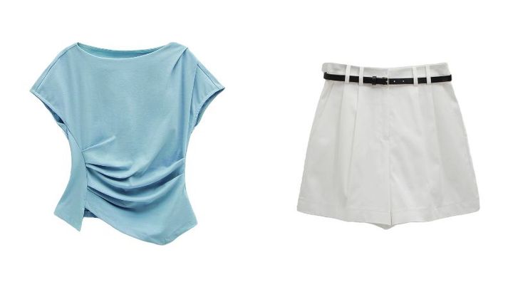 シルエットが絶妙なロンドウエストタックブラウスW4万9000（左）、上品に見えるエッセンシャルコットンタックハーフパンツW7万9000（右）