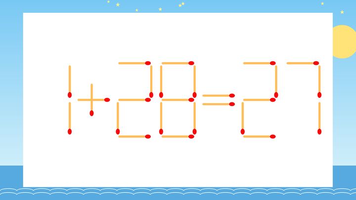 【マッチ棒クイズ】1本だけ動かして正しい式に：1+28=27？の問題画像