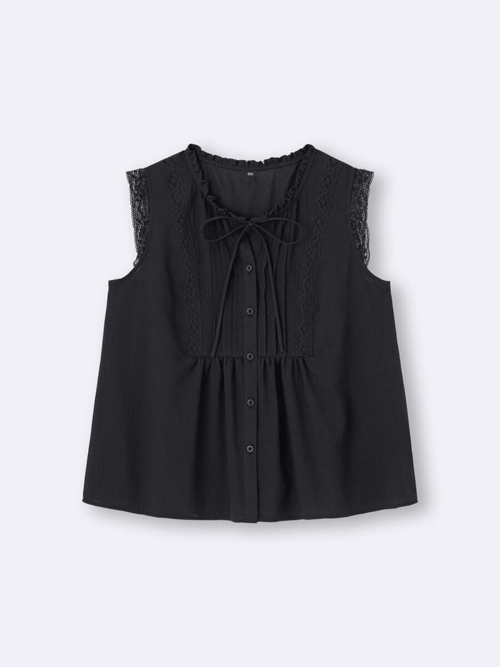 黒いレースノースリーブブラウス。胸元にリボンとボタンがあしらわれている。