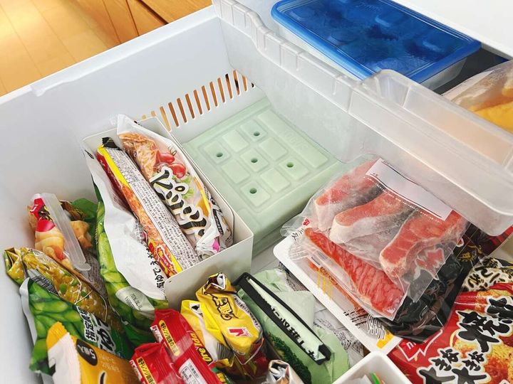 冷凍庫の中に立てて収納された冷凍食品と鮭の切り身