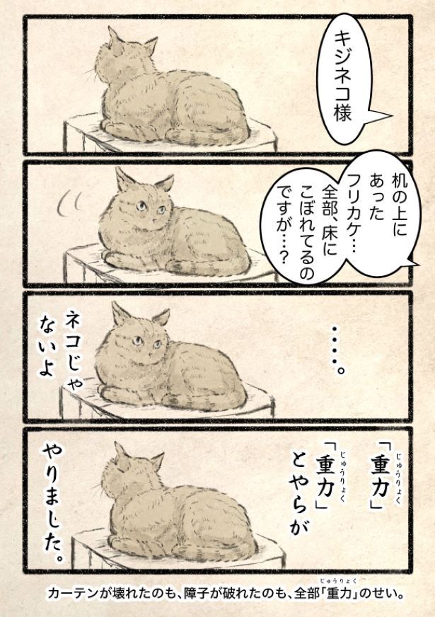 なんで全部、ネコがやったと思うんだ。 画像提供：(C)キジネコ様(@Motidukineko)