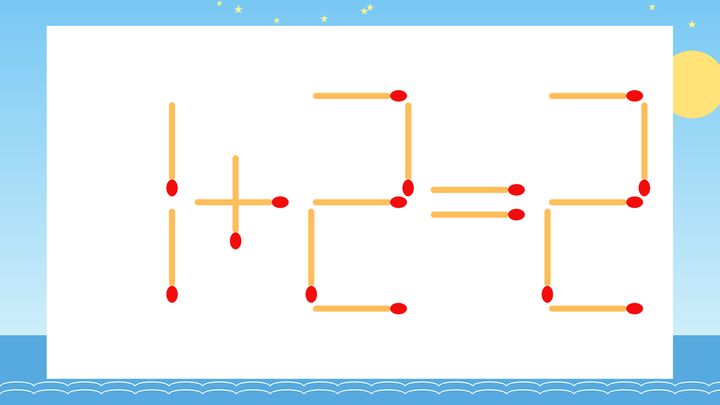 【マッチ棒クイズ】1本だけ動かして正しい式に：1+2=2？の問題画像