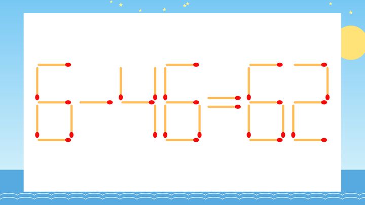 【マッチ棒クイズ】1本だけ動かして正しい式に：6-46=62？の問題画像