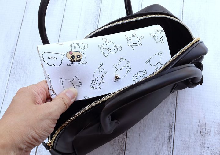 黒いバッグにクレヨンしんちゃんのメガネケースを入れる手元