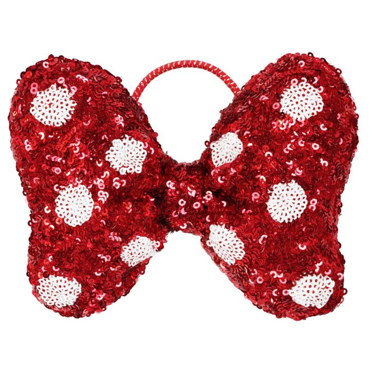 赤いスパンコールに白い水玉が入った蝶結び型のヘアゴム