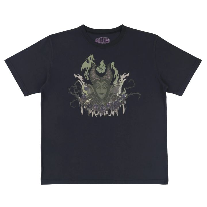 「マレフィセント」の角と緑の焔がデザインされたネイビーから黒のTシャツ
