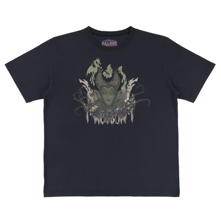 「マレフィセント」の角と緑の焔がデザインされたネイビーから黒のTシャツ