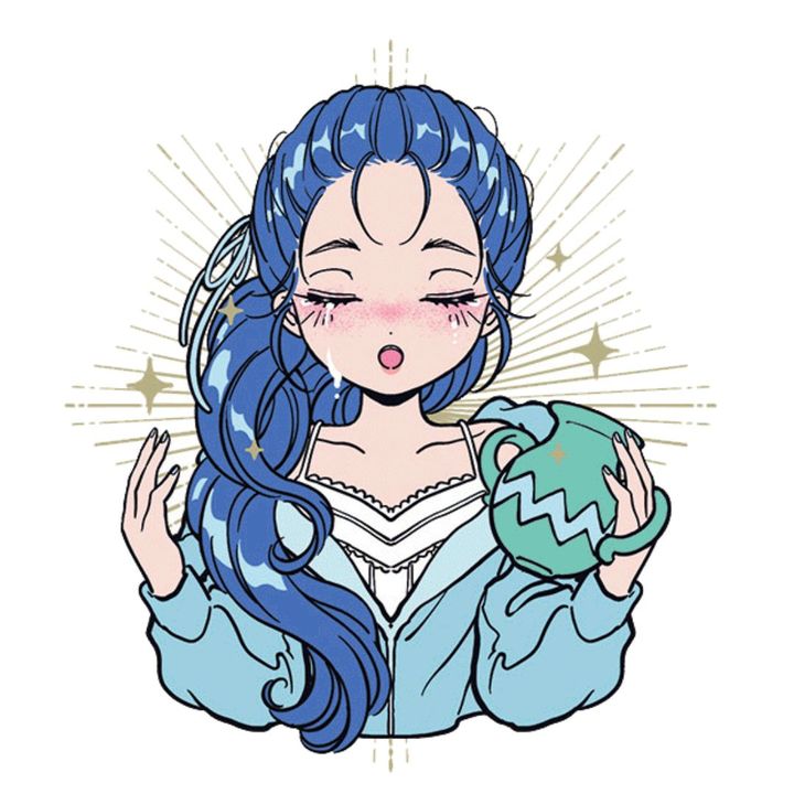 水瓶座の今月の運勢を表現した、神秘的で透明感のあるブルーヘアのイラスト