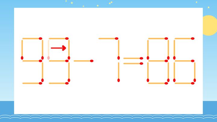 【マッチ棒クイズ】1本だけ動かして正しい式に：95-7=86？の解答画像