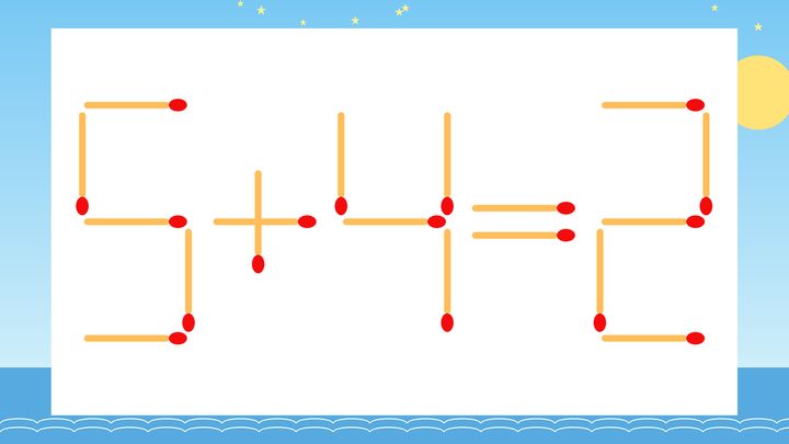 【マッチ棒クイズ】1本だけ動かして正しい式に：5+4=2？の問題画像