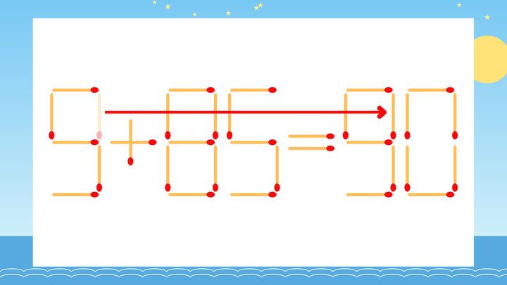 【マッチ棒クイズ】1本だけ動かして正しい式に：9+85=50？の解答画像
