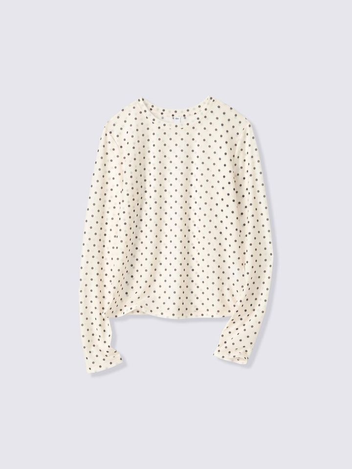 白地に黒いドット柄のシアードットTシャツを平置きした様子