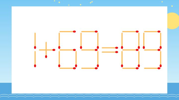 【マッチ棒クイズ】1本だけ動かして正しい式に：1+69=89？の問題画像