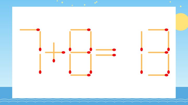 【マッチ棒クイズ】1本だけ動かして正しい式に：7+8=13？の問題画像