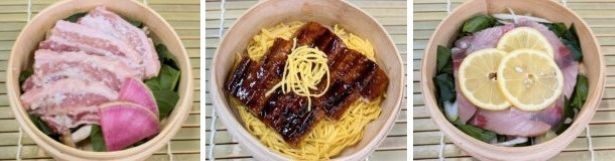 左から「糀仕立て 豚肉せいろ(600円)」「本日の魚のレモン蒸し(600円)」「うなぎ蒲焼(600円)」 画像提供：ひょうたん温泉