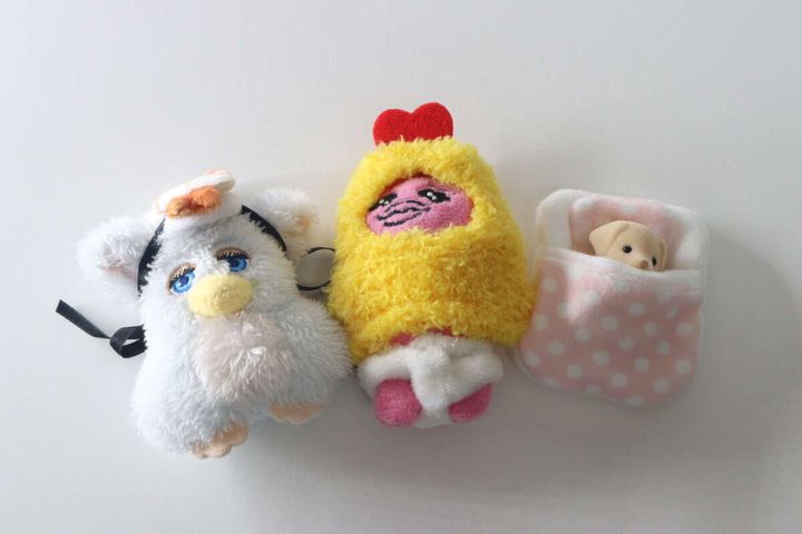お寿司帽子、着ぐるみ、お布団を装着した3つのぬいぐるみが並んでいる