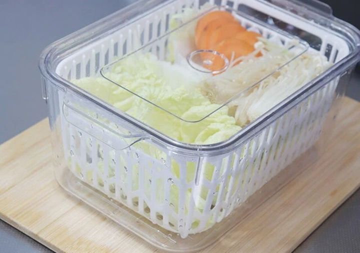 メッシュトレー付き冷蔵庫容器に白菜や人参などの野菜を入れた様子