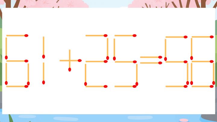 【マッチ棒クイズ】1本だけ動かして正しい式に：61+25=56？の問題画像