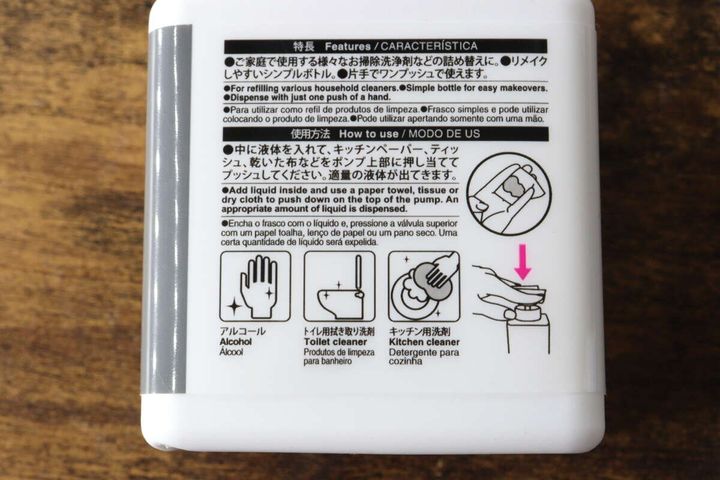 ボトルの裏面に記載された使用方法と対応洗剤のイラスト