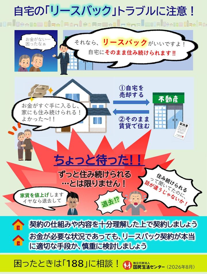 国民生活センター「自宅の『リースバック』トラブルにご注意！」