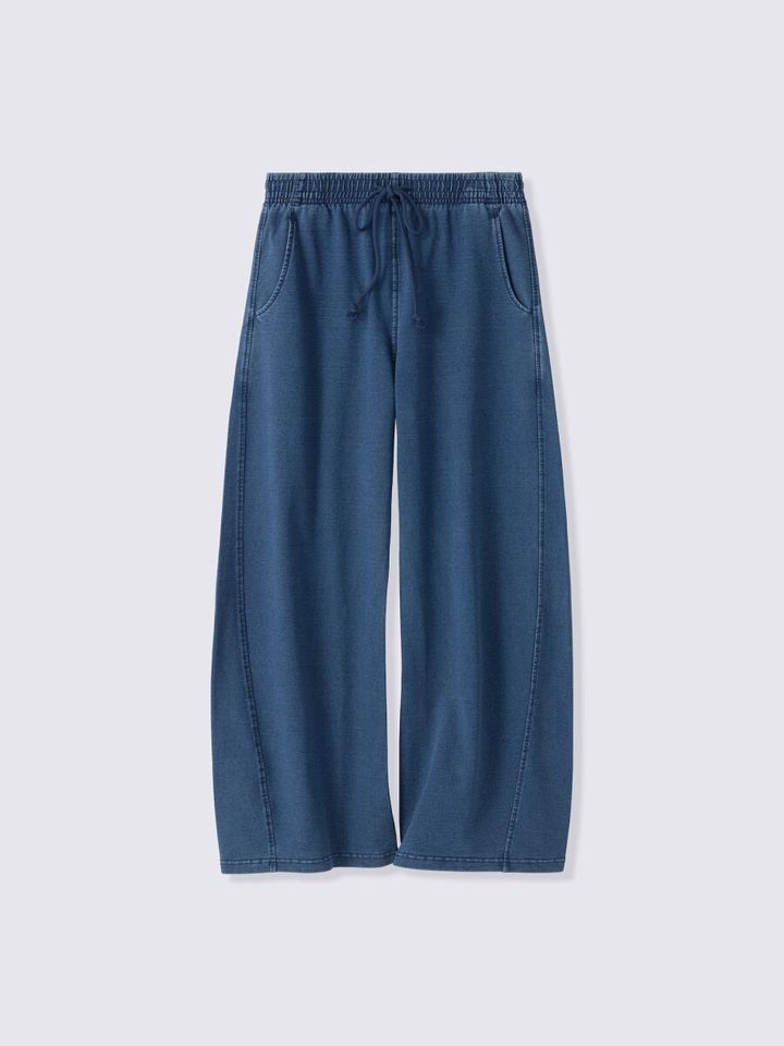 ウエストゴムとドローコードのデニムスウェットバレルパンツ