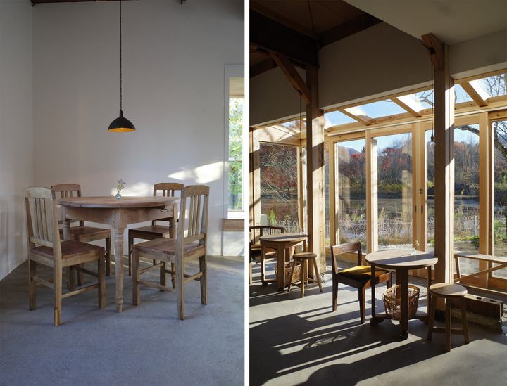 軽井沢のワイン酒場「stand fog」の店内席と、湖を望む大きな窓のある店内風景