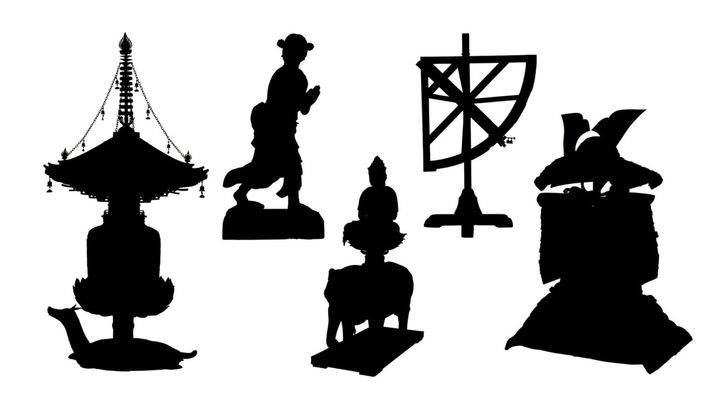 赤糸威鎧、象限儀（中）、善財童子像、金亀舎利塔、普賢菩薩騎象像 シルエット