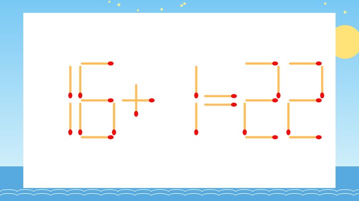 【マッチ棒クイズ】1本だけ動かして正しい式に：16+1=22？の問題画像