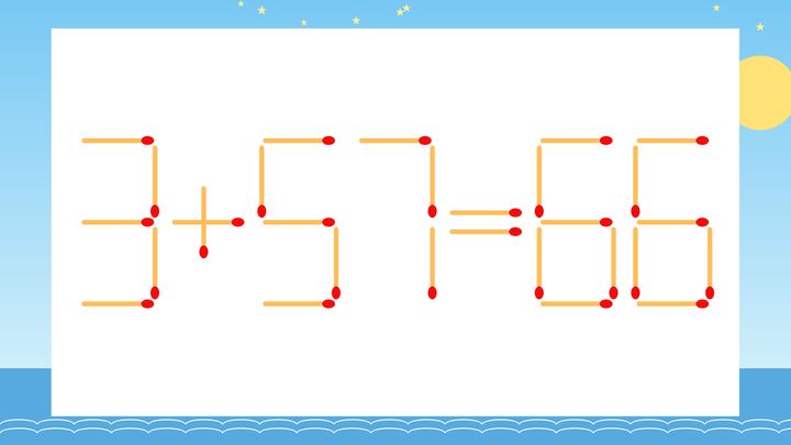 【マッチ棒クイズ】1本だけ動かして正しい式に：3+57=66？の問題画像