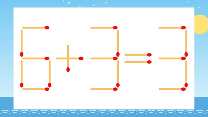 【マッチ棒クイズ】1本だけ動かして正しい式に：6+3=3？の問題画像