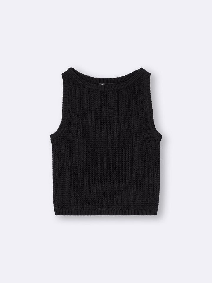 黒いざっくり編みボートネックニットタンクトップ