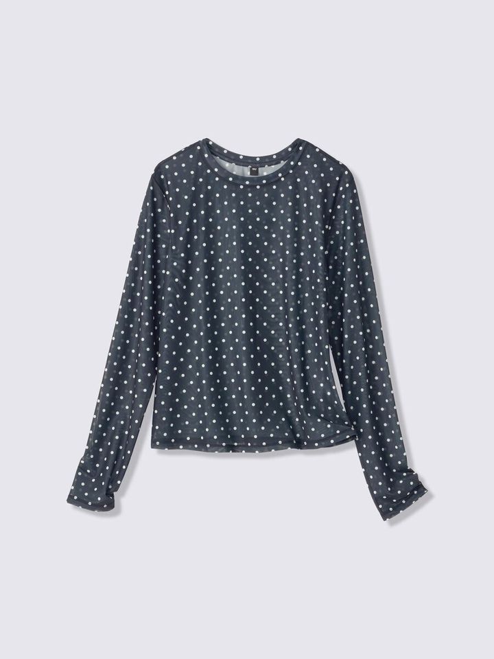黒地に白いドット柄の長袖シアーTシャツ