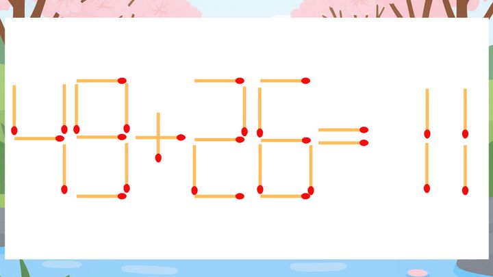 【マッチ棒クイズ】1本だけ動かして正しい式に：49+26=11？の問題画像