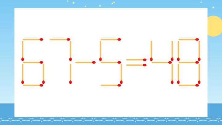 【マッチ棒クイズ】1本だけ動かして正しい式に：67-5=48？の問題画像