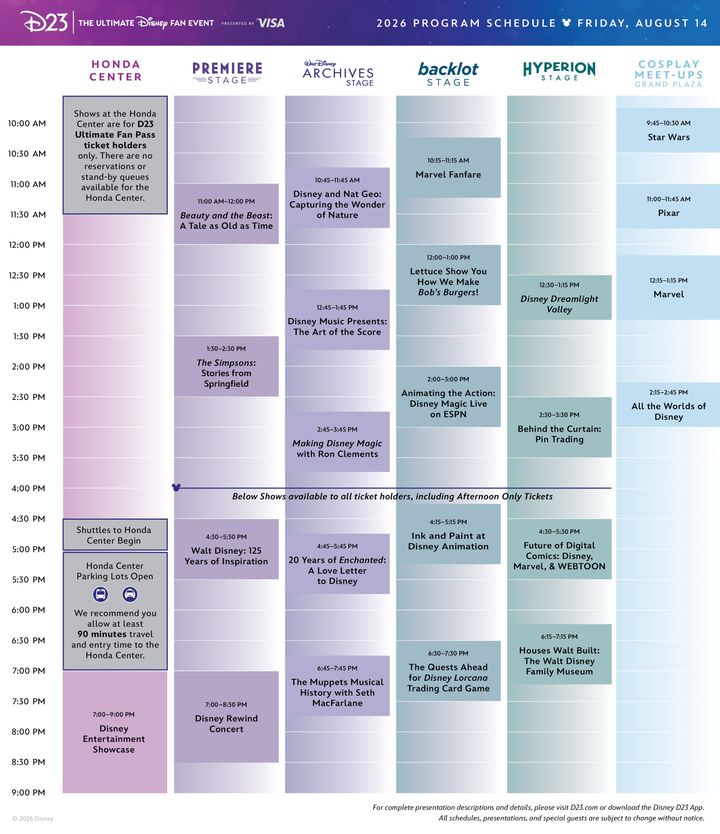 D23: The Ultimate Disney Fan Event 2026 8月14日(金)のプログラムスケジュール