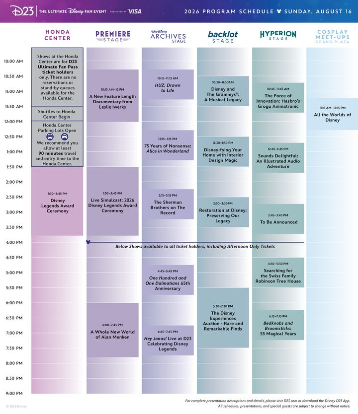 D23: The Ultimate Disney Fan Event 2026 8月16日(日)のプログラムスケジュール